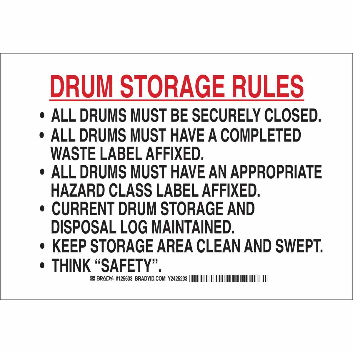 B401 10X14 BLK/RD/WHT DRUM STORAGE RULES