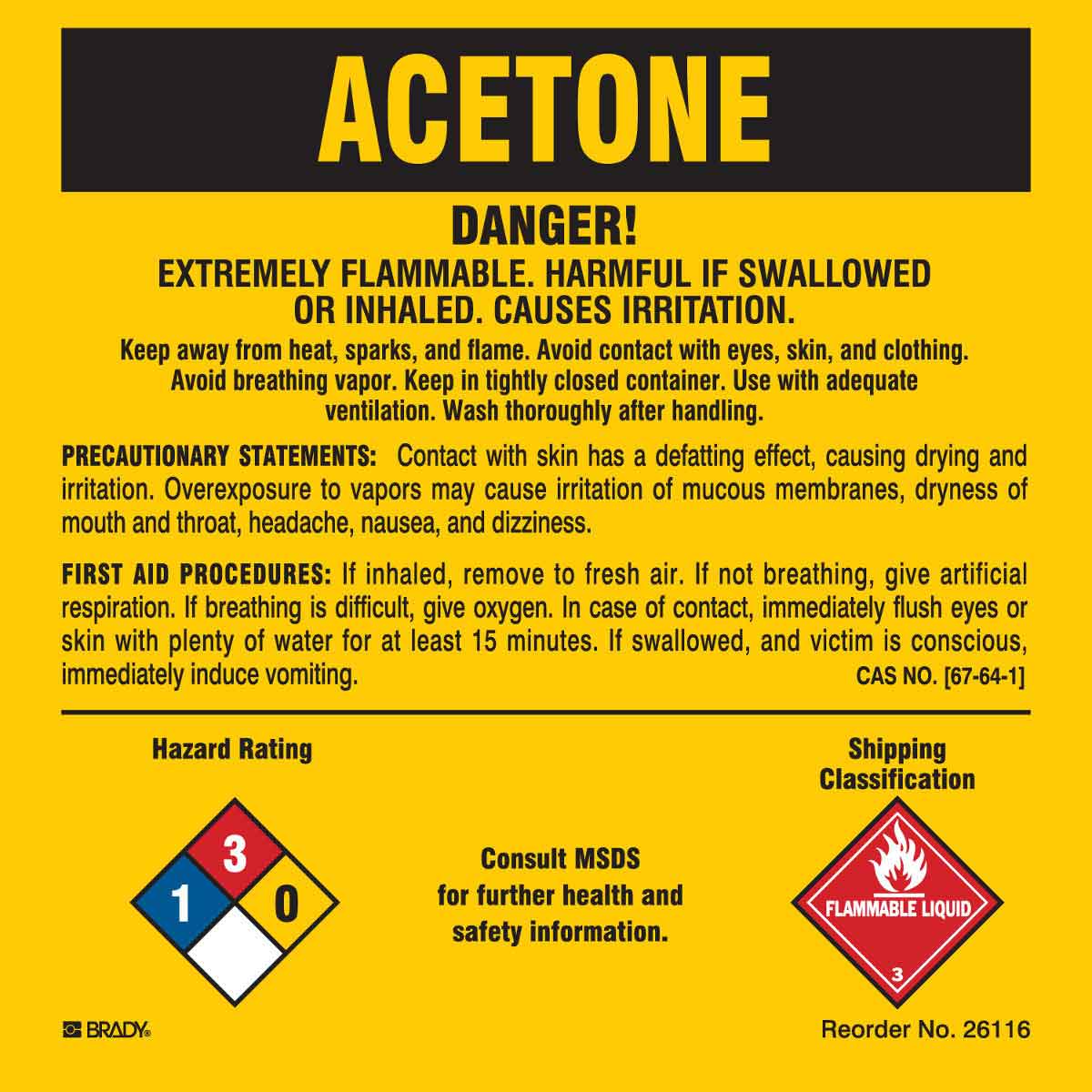 B-302 5X5 25/PK ACETONE DANGER