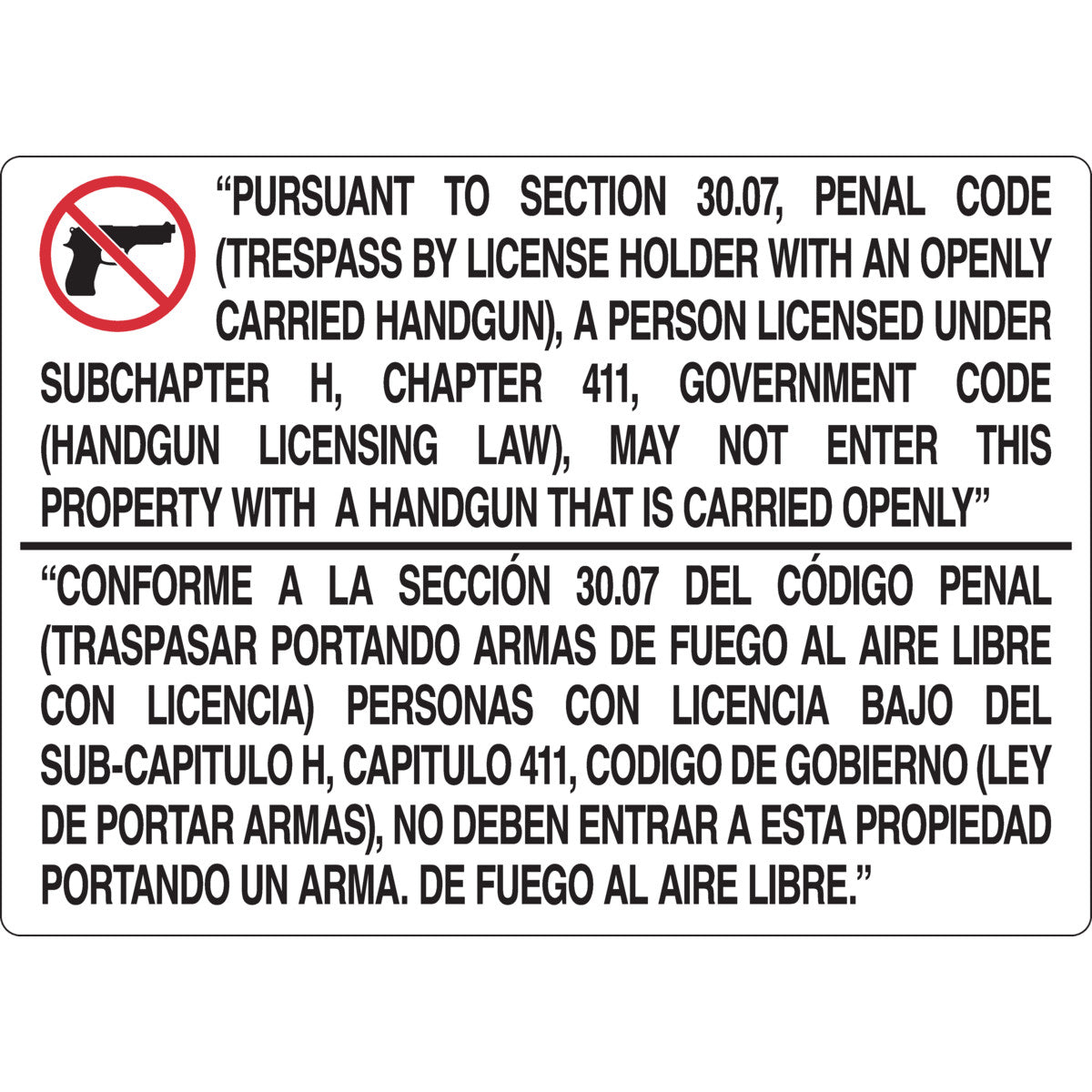 B555 20X28 BILINGUAL TEXAS GUN SGN 30.07
