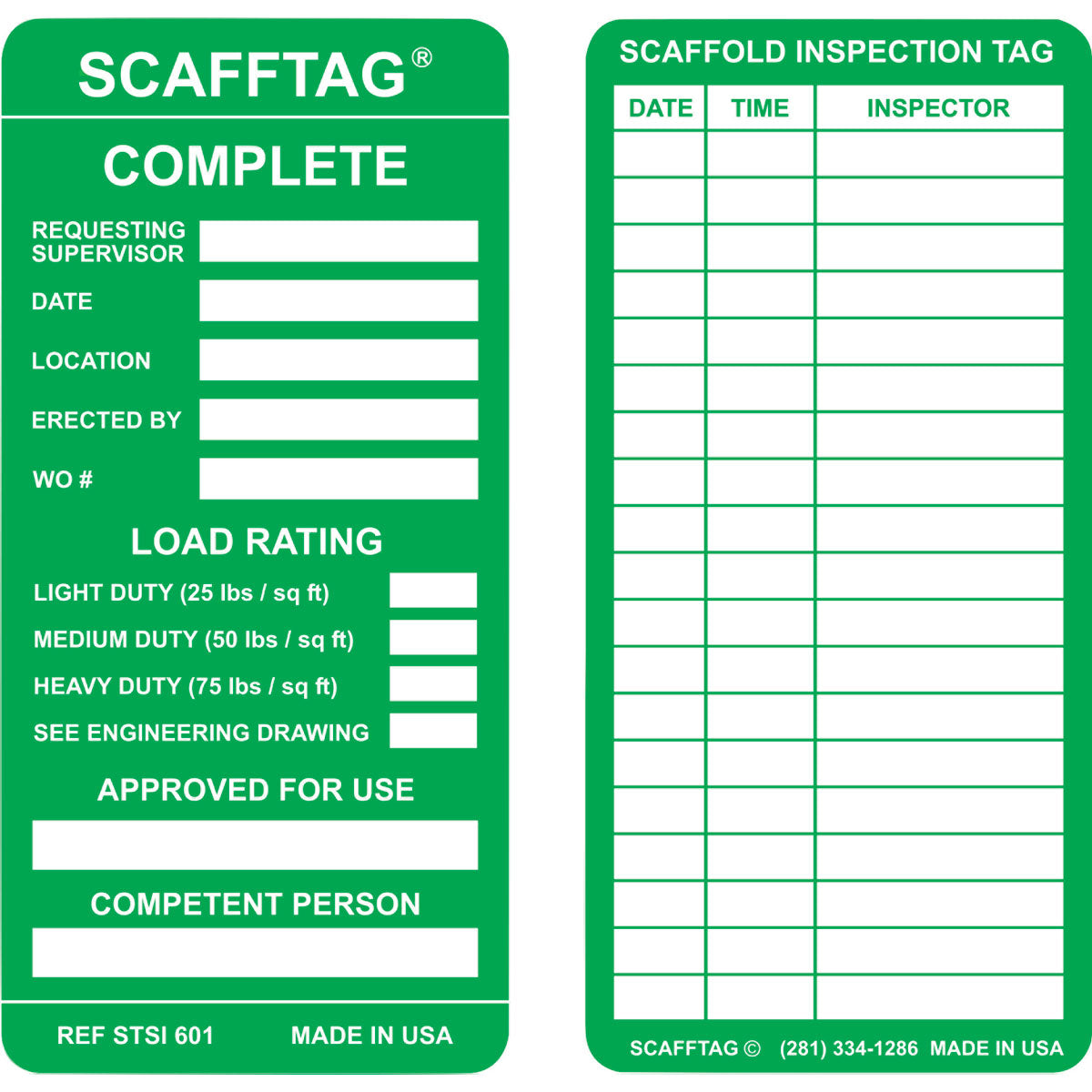 SCAFFTAG INSERTS COMPLETE 100/PK GRN