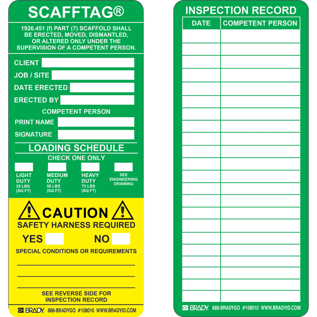 SCAFFTAG STANDARD INSERTS PK100 GRN/YL