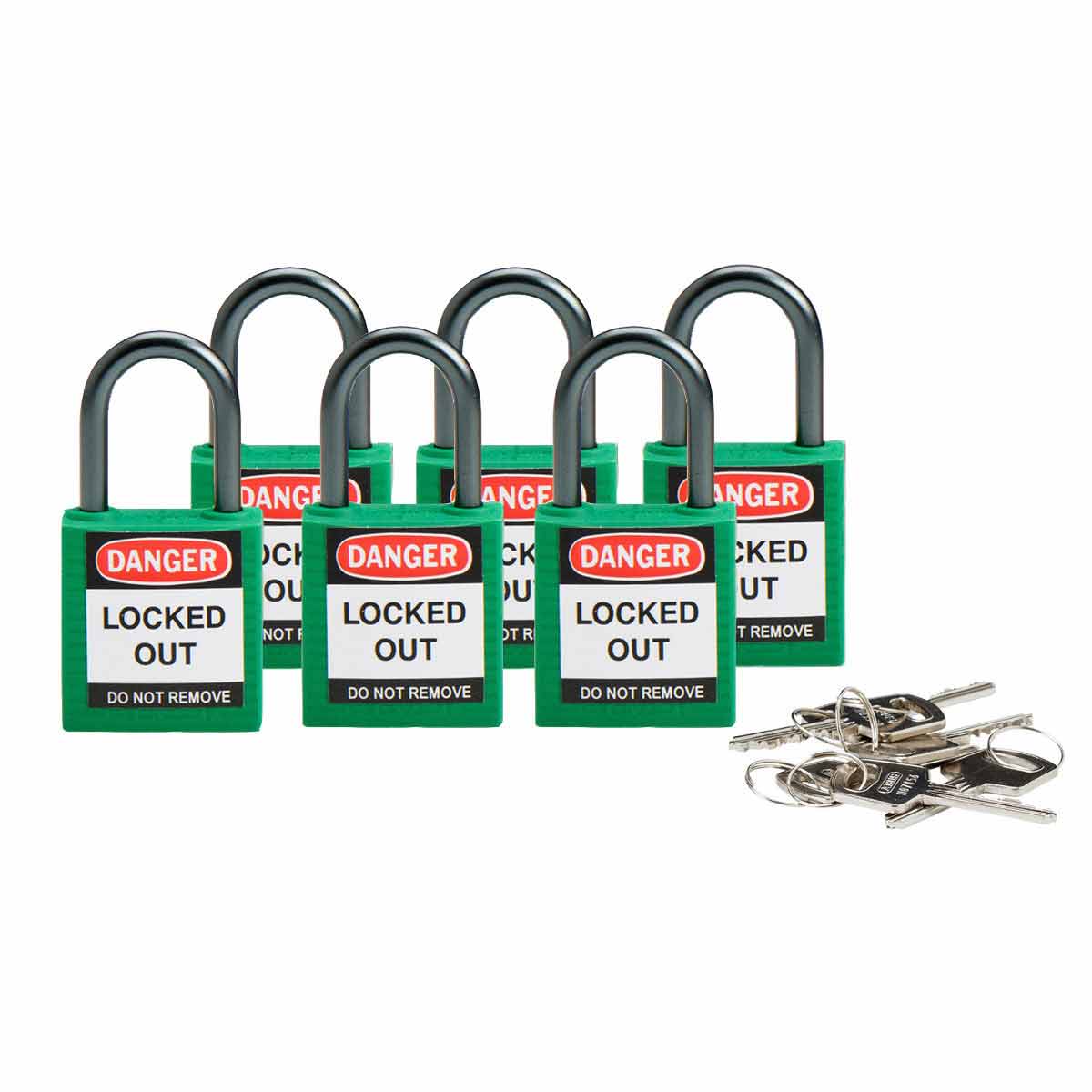 Nylon Padlock 1" Alum Shackle KD GN 6PK