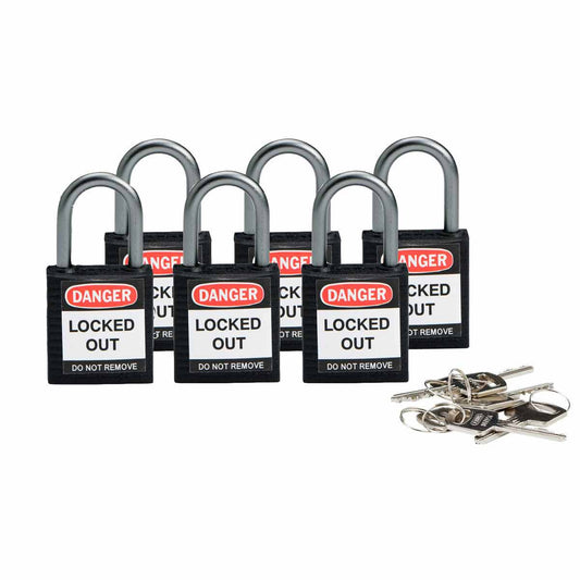 Nylon Padlock 1" Alum Shackle KA BK 6PK