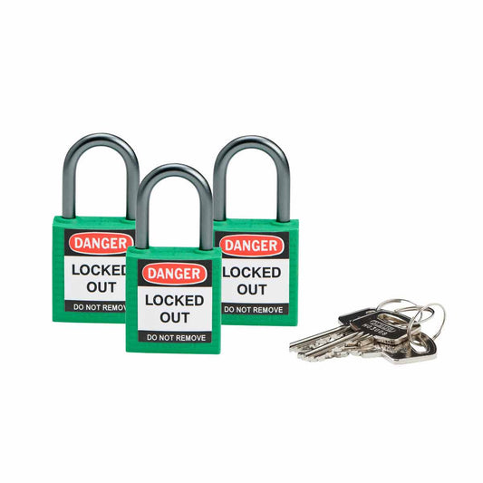 Nylon Padlock 1" Alum Shackle KA GN 3PK