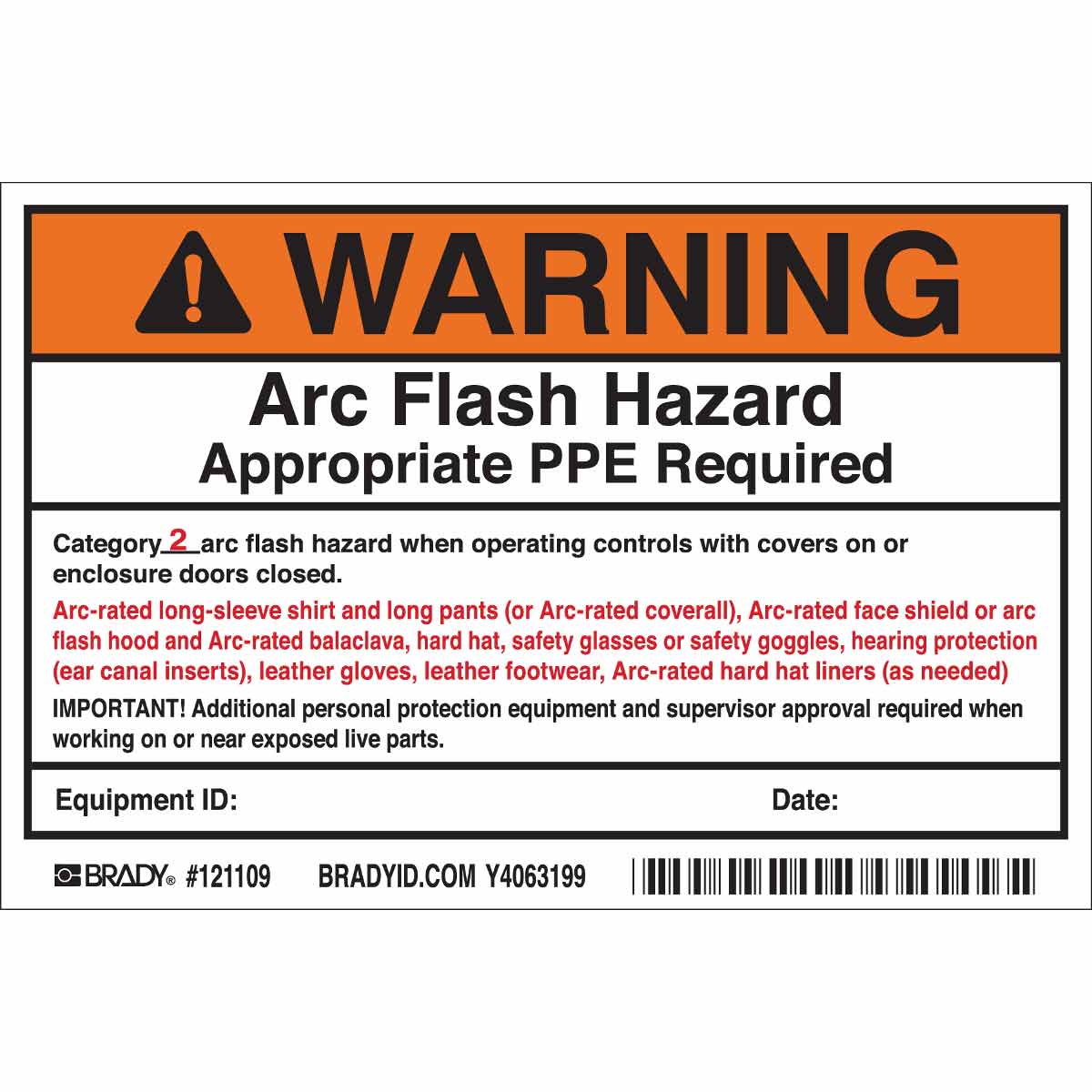 B7569 4X6 BLK/ORG/WHT 5/PK ARC FLASH LBL