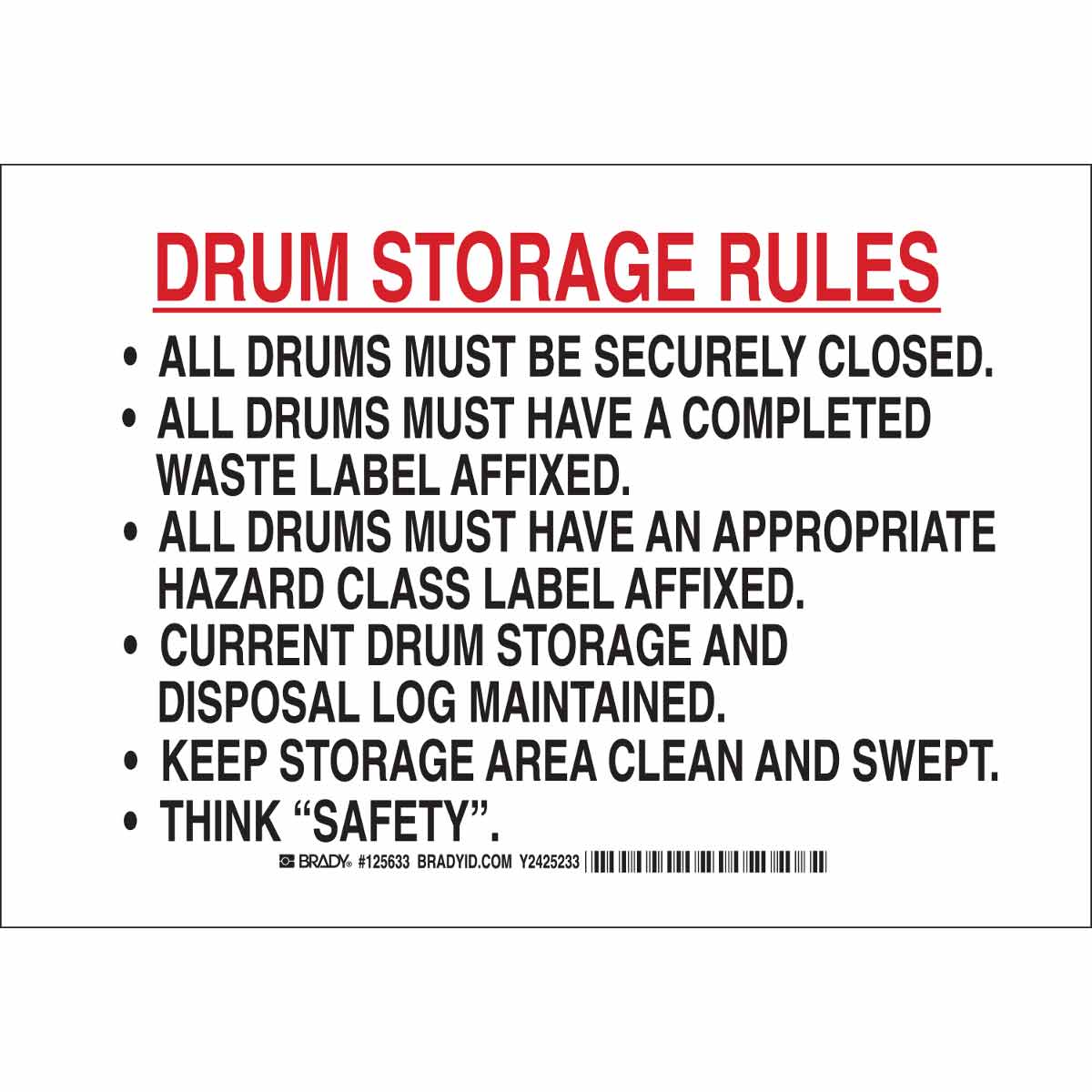 B555 10X14 BLK/RD/WHT DRUM STORAGE RULES