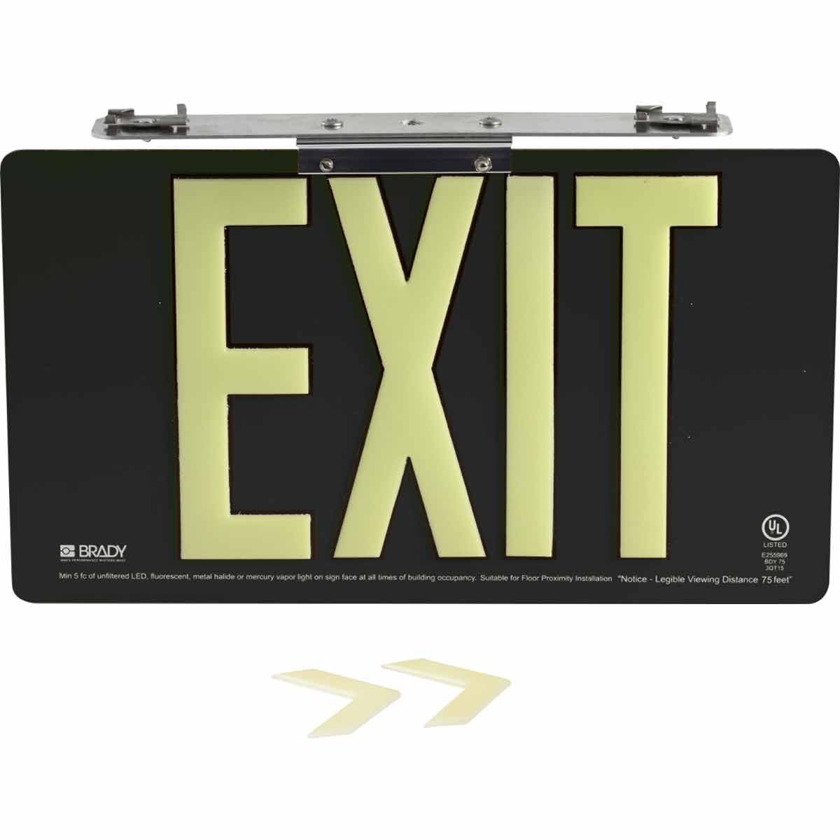 BRADYGLO EXIT UL SIGN 75' DBL TBAR BLK