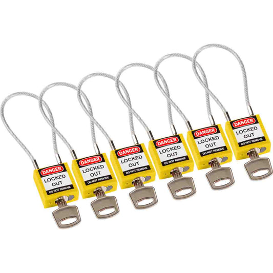 Comp 7.87in Cable Nyln Padlock KA YL 6PK