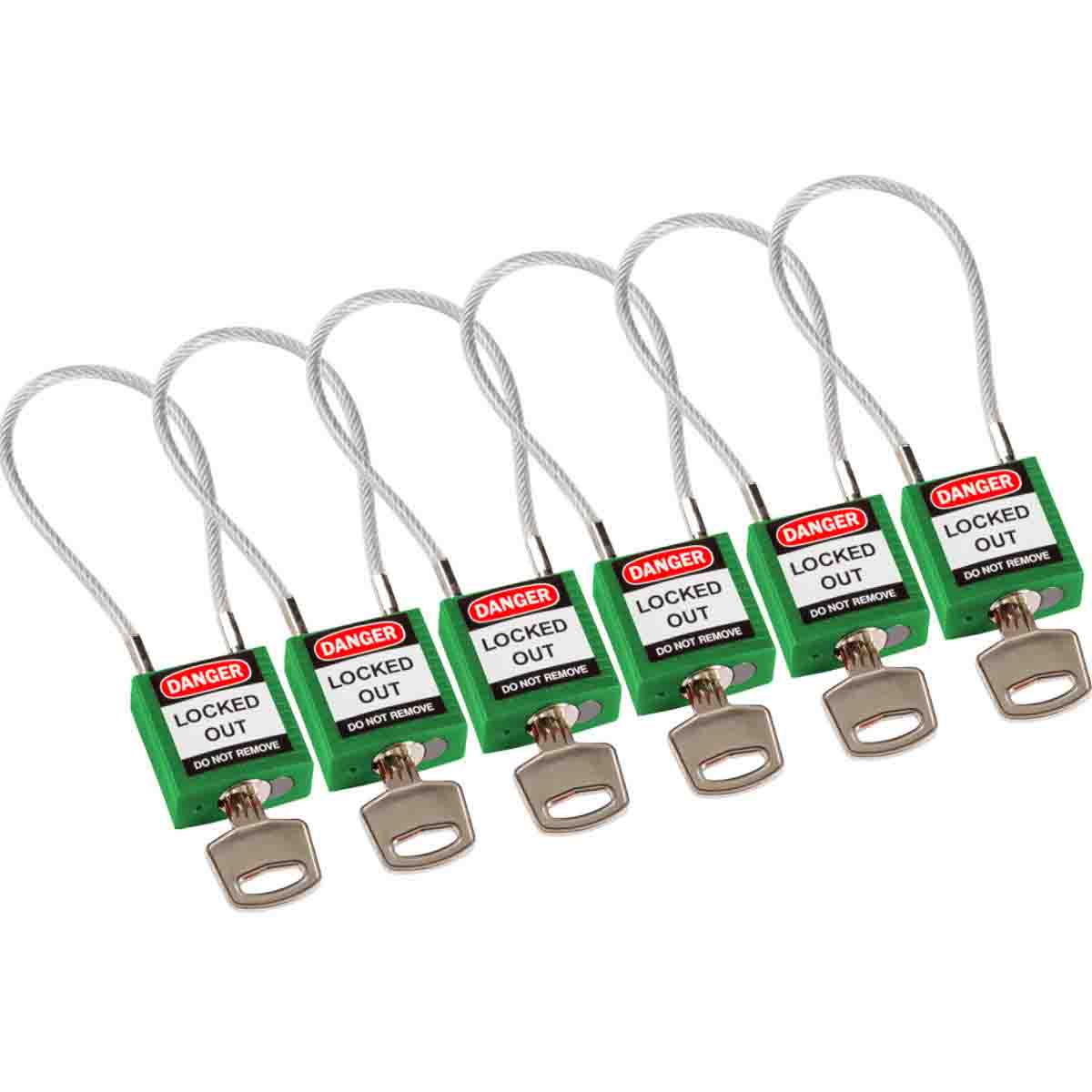 Comp 7.87in Cable Nyln Padlock KA GN 6PK