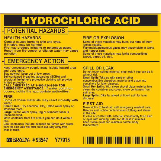 HYDROCHLORIC ACID Labels 3.75x4.5 BK/YL