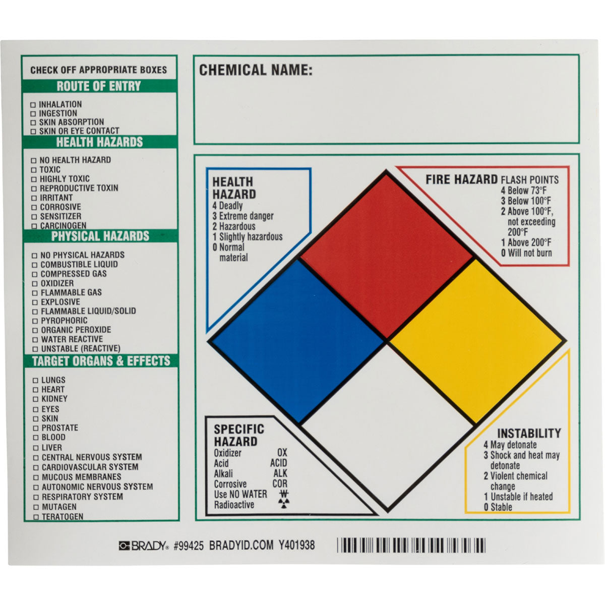 NFPA TARGET ORGAN LBL, 7X8, 100/PKG