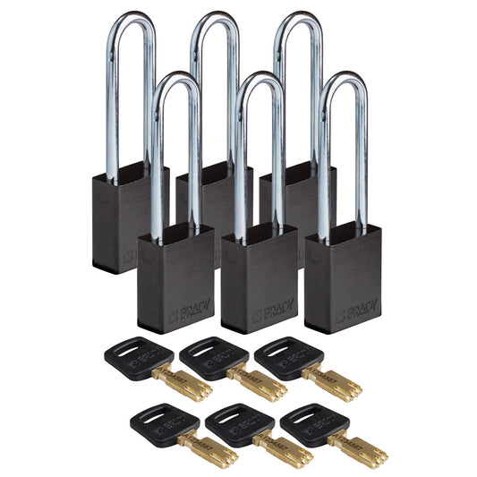 Alum Padlock 3" Steel Shackle KD BK 6PK