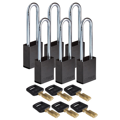 Alum Padlock 3" Steel Shackle KA BK 6PK