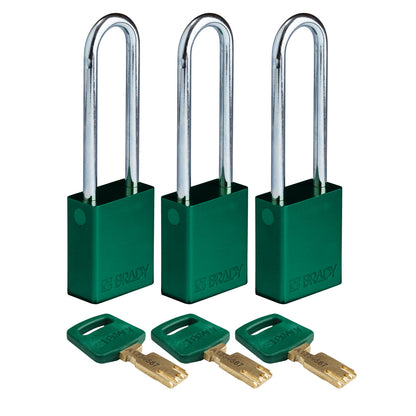 Alum Padlock 3" Steel Shackle KA GN 3PK