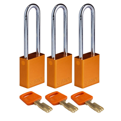 Alum Padlock 3" Steel Shackle KA OR 3PK