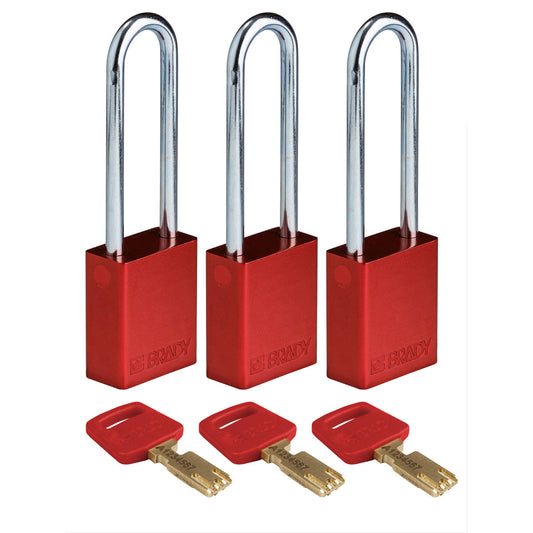 Alum Padlock 3" Steel Shackle KA RD 3PK