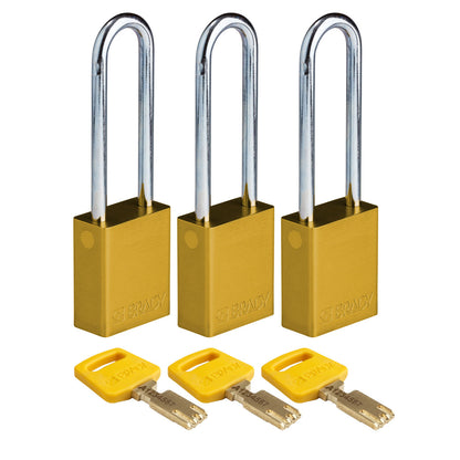 Alum Padlock 3" Steel Shackle KA YL 3PK