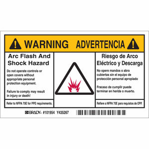 Arc Flash Labels - Self-Sticking Polyester, English/Spanish Bilingual, Pack of 5 Labels, Black/Orange on White
