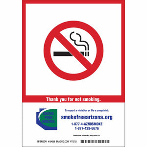 Arizona State Thank You For Not Smoking Sign, 10" H x 7" W x 0.006" D, Polyester