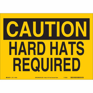 CAUTION Hard Hats Required Sign, 10" H x 14" W x 0.004" D, Plastic