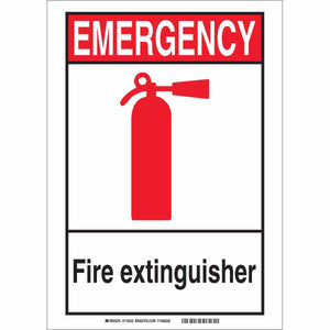 EMERGENCY Fire Extinguisher Sign, 10" H x 7" W x 0.006" D, Black/Red on White, Polyester