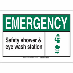 EMERGENCY w/Large Header Safety Shower & Eye Wash Station Sign, 7" H x 10" W x 0.006" D, Polyester