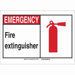 EMERGENCY Fire Extinguisher Sign, 10" H x 14" W x 0.004" D, Black/Red/White, Vinyl, Small Header