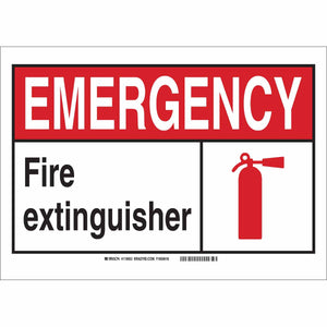 EMERGENCY Fire Extinguisher Sign, 7" H x 10" W x 0.006" D, Black/Red/White, Polyester