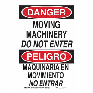 Bilingual DANGER Moving Machinery Do Not Enter Sign, 10" H x 7" W x 0.006" D, Polyester