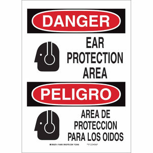 Bilingual DANGER Ear Protection Area Sign, 10" H x 7" W x 0.006" D, Polyester
