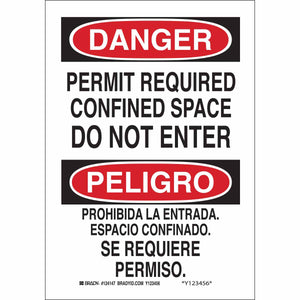 Bilingual DANGER Permit Required Confined Space Do Not Enter Sign, 10" H x 7" W x 0.006" D, Polyester