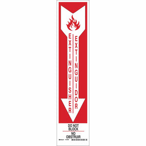 Bilingual Extinguisher Do Not Block Sign, 18" H x 4" W x 0.006" D, Black/Red on White, Polyester