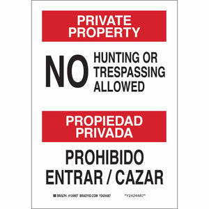 Bilingual PRIVATE PROPERTY No Hunting Or Trespassing Allowed Sign, 10" H x 7" W x 0.006" D, Polyester