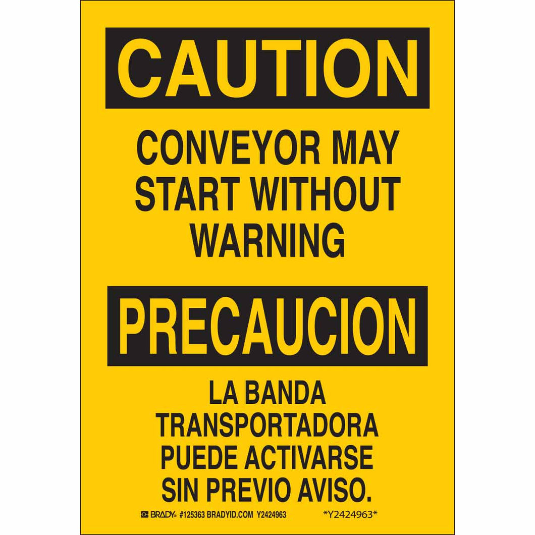 Bilingual CAUTION Conveyor May Start Without Warning Sign, 10