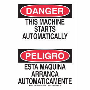 Bilingual DANGER This Machine Starts Automatically/Esta Maquina Arranca Automaticamente Sign, 14" H x 10" W x 0.004" D, Vinyl