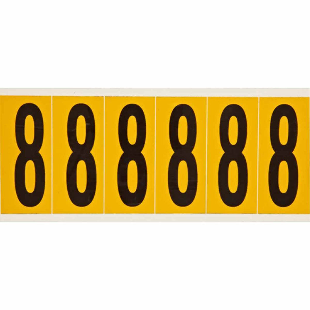 Outdoor Vinyl 3 in Black on Yellow Numbers 8 Card of 6 Labels