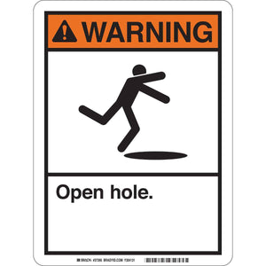 WARNING Open Hole Sign, 12" H x 9" W x 0.006" D, Polyester