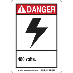 DANGER 480 Volts Sign, 10" H x 7" W x 0.006" D, Polyester