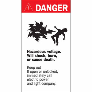 DANGER HAZARDOUS VOLTAGE INSIDE Sign, 8" H x 4.5" W x 0.0035" D, Black/Red on White