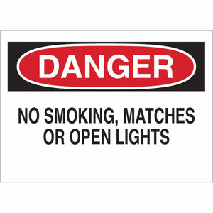 DANGER No Smoking, Matches Or Open Lights Sign, 7" H x 10" W x 0.006" D, Polyester