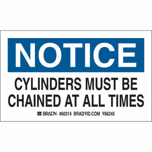 CYLINDERS MUST BE CHAINED AT ALL TIMES Labels, 3" H x 5" W x 0.0038" D, Blue/Black on White