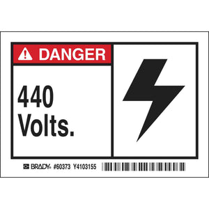 DANGER 440 Volts. Labels, 3.5" H x 5" W x 0.006" D, Black/Red on White
