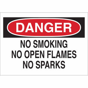 DANGER No Smoking No Open Flames No Sparks Sign, 7" H x 10" W x 0.006" D, Polyester