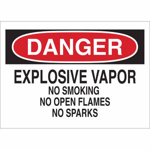 DANGER Explosive Vapor No Smoking No Open Flames No Sparks Sign, 7" H x 10" W x 0.006" D, Polyester