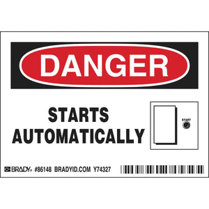 DANGER STARTS AUTOMATICALLY Labels, 3.5" H x 5" W x 0.006" D, Black/Red on White