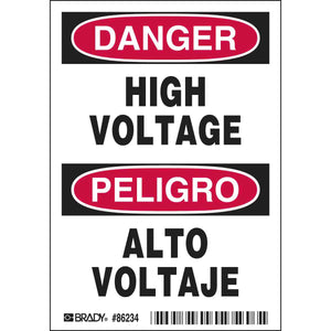 DANGER/PELIGRO HIGH VOLTAGE/ALTO VOLTAJE Labels, 5" H x 3.5" W x 0.006" D, Black/Red on White