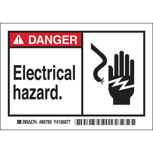 DANGER ELECTRIC HAZARD. Labels, 3.5" H x 5" W x 0.006" D, Black/Red on White