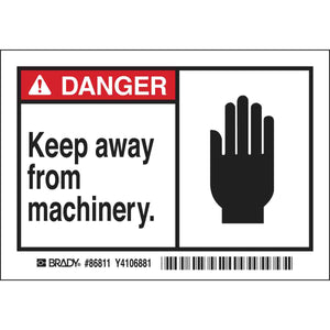 DANGER Keep away from machinery. Labels, 3.5" H x 5" W x 0.006" D, Black/Red on White