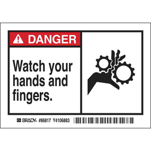 DANGER Watch Your Hands And Fingers. Labels, 3.5" H x 5" W x 0.006" D, Black/Red on White
