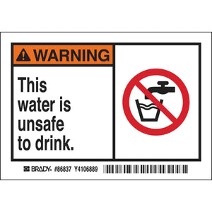 WARNING This water is unsafe to drink. Labels, 3.5" H x 5" W x 0.006" D, Black/Orange/Red on White